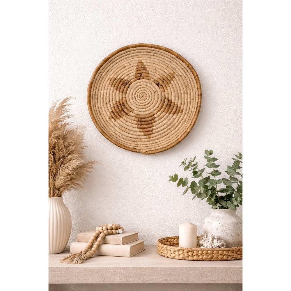 NWT Kazi Papago Large Round Boho Woven Farmhouse Coastal Country Earthy Tray 15"